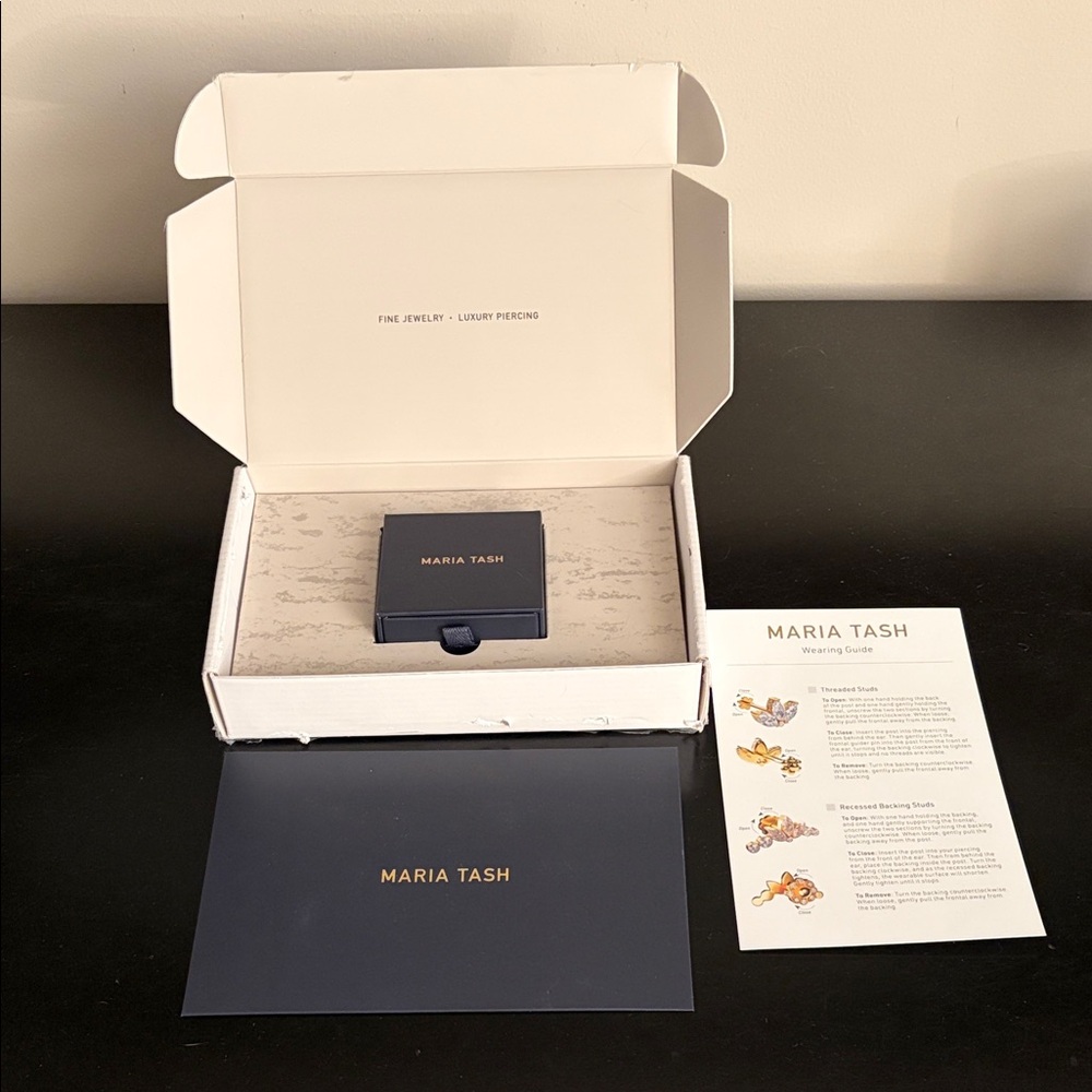 Maria Tash box, envelope, wearing guide and original shipping box